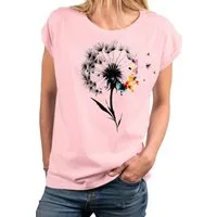 MAKAYA T-Shirt Damen-Top mit Pusteblumen-Print – florales Sommer-Shirt aus Baumwolle (Weiß, Rosa, Hellgrau, 34, 36, 38, 40, 42, 44, 46, 48, 50) Baumwolle