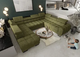 Wohnlandschaft Schlafsofa BASTIEN XL in Stoff Terra Mintgrün Ottomane Links