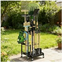 BlingBin Gartengerätehalter Gartengeräte Ständer mit Haken & Rädern, Gartenwerkzeug-Organizer, (1er Set, 1-tlg., Belastbarkeit maximal: 30KG, 49,71*42,9*77,9cm, Metall-Besenhalter für Garten, Garage, Schuppen & Outdoor, Schwarz)