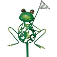 Decoris season decorations Gartenstecker Dekofigur Frosch mit Kescher 91cm Metall Außendeko Grün