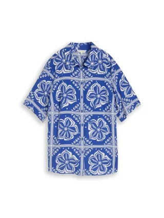 Tom Tailor - Plus Size - Loose Fit Bluse mit Leinenanteil blue flower tile design - Gr. - 54