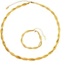 KARMA Schmuckset Schmuckset, Gedrehte Schlangenkette wasserfest antiallergisch (Halskette Damen Armband, Damenschmuck), Edelstahl vergoldet, 42+4 cm