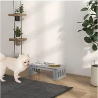 PawHut Futternapf Hundenapf mit 2 Näpfe, Pflegeleicht, aus Edelstahl, MDF, Edelstahl, MDF, für Wohnzimmer, Balkon, Grau
