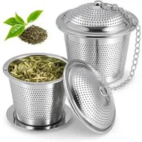 Geschenkehöhle Teesieb 2er Set Edelstahl – Feines Sieb für losen Tee, Tassen & Teekanne, Edelstahl, - Inklusive Abtropfschale & 11 cm Kette -