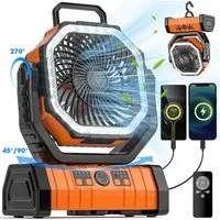 SWGOTA Tischventilator USB Akku Camping Ventilator mit Powerbank/LED Licht/Timer für Outdoor, Zelt Ventilator mit 20000mAh/4 Stufen/Haken/Fernbedienung für Outdoor