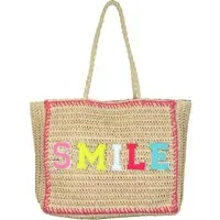 FURNARO Strandtasche, Korbtasche aus Raffia, Baumwolle, bunter Schriftzug Smile 39x34x11cm