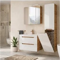 Lomadox Badmöbel-Set LUTON-56, (Spar-Set, 3-St., Hängeschrank Spiegelschrank Waschbecken Waschbeckenschrank), Hochglanz weiß mit Wotan Eiche, LED-Beleuchtung, Waschtisch 80 cm