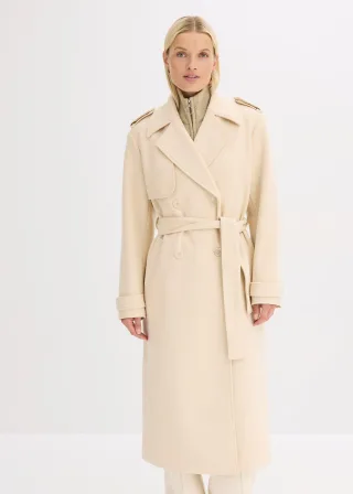 bonprix Trenchcoat in Wolloptik, beige, Gr.50, Mantel mit Bindeband und einer Passe vorne