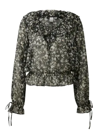 Q/S designed by - Florale Bluse mit Rüschen und V-Ausschnitt schwarz - Gr. - 32