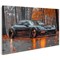 islandburner Leinwandbild, Schwarzes Sportauto im herbstlichen Wald
