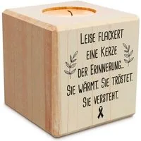 GRAVURZEILE Teelichthalter mit Gravur aus Holz - Grabschmuck - Trauergeschenk - Trauerlicht, - leise flackert eine Kerze