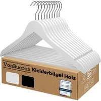 VonBueren Kleiderbügel Holz weiß 44,5x22cm Holzbügel mit Hosensteg und Kerben drehbarer Haken, (20-tlg), 360 Grad drehbarer Haken, Hosensteg und Kerben für Träger