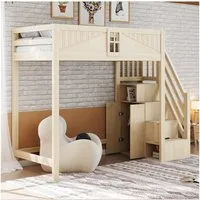 Merax Hochbett (Massivholzbett Jugendbett Einzelbett, 1-St) Kinderbett 90x200cm mit Sicherheitstür Stauraumtreppe Kleiderschrank