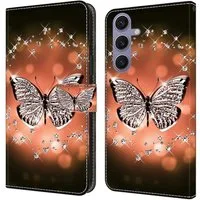 CLM-Tech Handytasche für Samsung Galaxy S25 Hülle aus PU-Leder Klapphülle (Schmetterling Diamanten Muster, Handyhülle mit Standfunktion - Wallet Flip Case inklusive Kartenfächer), Cover mit Magnetverschluss - Samsung Galaxy S25 Schutzhülle