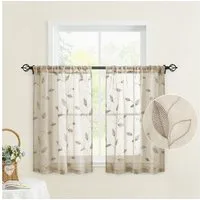 BYSURE Gardine Voile Scheibengardinen modern Wohnzimmer Bistrogardine für Küche, Bad (2 St), Stangendurchzug, transparent, Küchenvorhänge, besticktes Blattmuster, Vorhänge für kleine Fenster