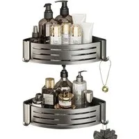 SURFOU Badregal Ecke Duschablage Ohne Bohren 2-Stück Duschregal Badezimmer Organizer, mit 4 Klebeflächen und 4 Haken 2-tlg., Rostfreier Edelstahl, für Bäder Küchen Duschgel (Grau & Schwarz)