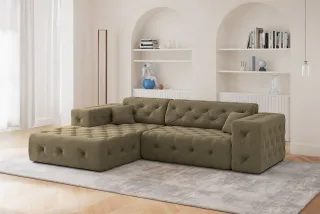 Ecksofa Designersofa CHANTAL in Stoff Moly Grün Ottomane Links