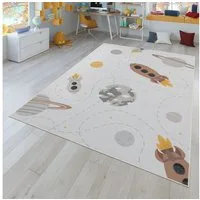 TT Home Teppich Kinderzimmer, Rechteckig, Höhe: 4 mm, Kinderzimmerteppich Teppich Kinderteppich Rutschfest Planeten Sterne R