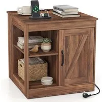 COSTWAY Beistelltisch, Nachttisch mit Ladefunktion, verstellbarem Regal Holz