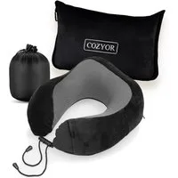 Cozyor Nackenstützkissen Memory Nackenkissen mit verstellbarem Verschluss + praktischer Tasche, Bezug: waschbarer Bezug, Spar-Set, Reise-Set mit Reisedecke & Nackenkissen wahlweise mit Augenmaske