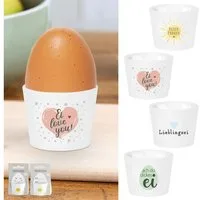 CEPEWA Eierbecher Eierbecher 4er Set 4 Motive Porzellan weiß 5x4cm Eierhalter Sprüche