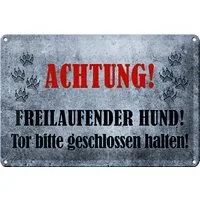 Femer GmbH Metallschild Achtung 30x20cm freilaufender Hund Tor bitte, (1 St), gewölbte Oberfläche, abgerundete Ecken, umgeschlagene Kanten