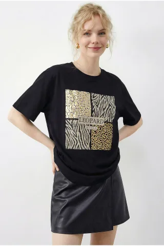 Leoprint Pailletten Rundhals T-Shirt