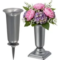 matches21 HOME & HOBBY Dekovase Grabvasen mit Erdspieß und Sockel 2er Set (31, 32 cm) silber (2 St), Wetterfeste Grabschmuck Friedhofsvasen zum Stecken, Hinstellen