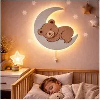 COZYCOLLECTIONS LED Wandleuchte LED-Wandnachtlicht Schlafender Bär auf Mond 36 cm,Beige, LED, Warmweiß, Montessori-inspiriertes Mond-Nachtlicht in 5 Farbvarianten