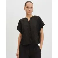 someday Kurzarmbluse Kragenlose Bluse aus Leinen Mix Loose Fit Kellerfalte und Knopfleiste für Alltag