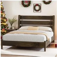 AMERLIFE Massivholzbett mit geneigtem Latten-Kopfteil aus Kiefernholz, Mid-Century Design (Ohne Matratze), Plattenbett Doppelbett 140 x 200 cm