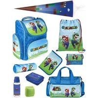 Familando Schulranzen Clou Super Mario Schultasche, blau, ab 1. Klasse (Komplett-Set, 10-tlg., mit Lunch-Set, Sporttasche und Schultüte 85 cm), kompakt, leicht, robust