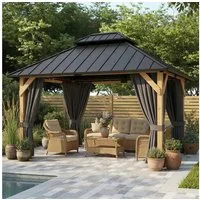 HOMALL Pavillon Wetterfester Cedernholz Gartenpavillon mit verzinktem Stahldach, mit 4 Seitenteilen, Abnehmbare Vorhänge + Moskitonetze, integrierter Deckenhaken