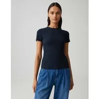 OPUS Kurzarmshirt Basicshirt aus Baumwoll Mix mit Muschelkante Schmale Passform, bogenförmige Spitzenborte
