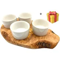 Olivenholz-erleben Servierbrett Brett rustikal, Olivenholz 30-34 cm inkl. 4 Dipschalen, Massivholz, (Set, 5-St., 1x Brett mit 4 Dipschalen), die Dipschalen verhindern das Vermischen der Geschmacksrichtungen