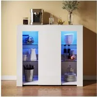 SONNI Sideboard mit LED Beleuchtung 90x35x83cm Weiß/Schwarz Hochglanz, mit Schranktür und 4 glas Einlegeböden