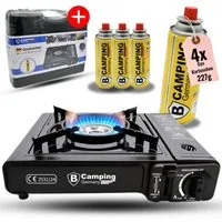 bahama Gaskocher inkl. 227g Gaskartuschen mobiler Kocher für Campingkocher Outdoor, (4-St), Kartuschenkocher mit 4x Gaskartuschem 1-flammig + Trage-Koffer Gasherd