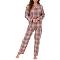 Normann Pyjama Damen Flanell Schlafanzug kariert mit Knopfleiste und Hemdkragen