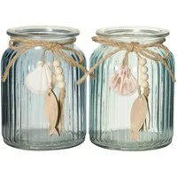 finehomegarden Windlicht Teelichhalter 2Farbig sort. Maritim Glas grau/blau Ø11cm H14cm (2 St), Kerzenhalter Fisch Dekoration Sommer / Paket