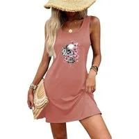 PYLIKE Unterkleid Damen Rundhals Tankkleid mit Schädel Print – Sommer Strandurlaub Bequem für Freizeit und Büro,Strandurlaub