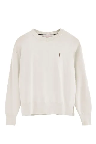 Pullover ecru mit Rundhalskragen aus Wollgemisch mit gesticktem Rigby Go-Logo