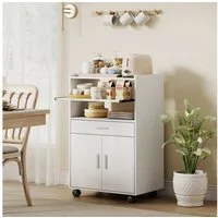 HOMCOM Küchenbuffet Sideboard Mikrowellenregal mit 2 Türen und ausziehbarem Regal (Küchenschrank, 1-St., mit Schubladen, Rollen) für Küche, Esszimmer, Weiß