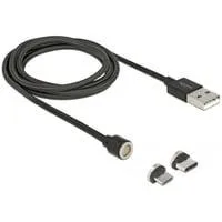 Magnetisches USB 2.0 Kabel, USB-A Stecker > USB-C + Micro-USB Stecker schwarz, 1,1 Meter