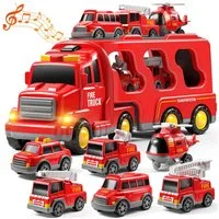 TEMI Spielzeug-Auto 7 Pack Träger LKW Transport Stadtfahrzeuge Spielzeug, (Set, 1 Transport Handwagen, 6 kleine Feuerwehrwagen), Made in China