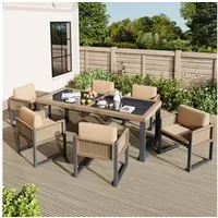 Celya Gartenlounge-Set Gartenlounges Alu, Rattan mit Esstisch 6 personen, (6-Personen-Garten-Essgruppe mit Sesseln, abnehmbare und waschbare Stoffbezüge), Polyrattan-Esstisch- und Stuhlset