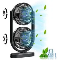 MOPUEA Standventilator 360° Drehbar Doppelkopf Luftzirkulationsventilator USB Tischventilator, Standventilator Luftzirkulation Leise USB Aufladbar