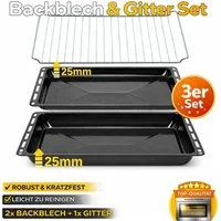 ICQN Backblech 445 x 375 x 25 mm mit Gitter, Emailliert, (Set, 3-St., 2x Fettpfanne und Backofenrost), Kratzfest & Rostfrei, 44,5 x 37,5 cm