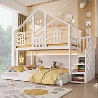 Merax Etagenbett 90x200/140x200cm im Hausdesign (Jugendbett Doppelbett, 1-St), Massivholz Stockbett Kinderbett mit Stauraumtreppe Fenster Dach Zaun