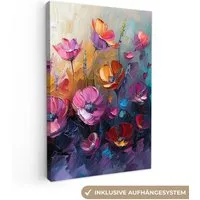 OneMillionCanvasses® Leinwandbild Blumen - Lila - Farbenfroh - Handbemalt - Kunst, Fotodruck (1 St), Leinwand Canvas Wandbild, Wanddekoration 20x30 cm