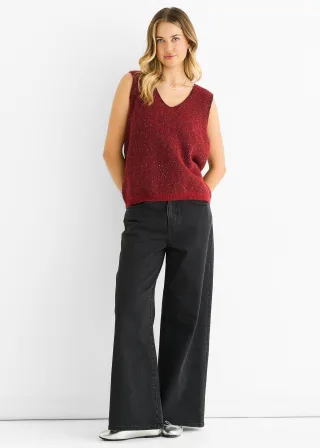 Roter Pailletten-Glitzer-Pullover mit V-Ausschnitt und Weste